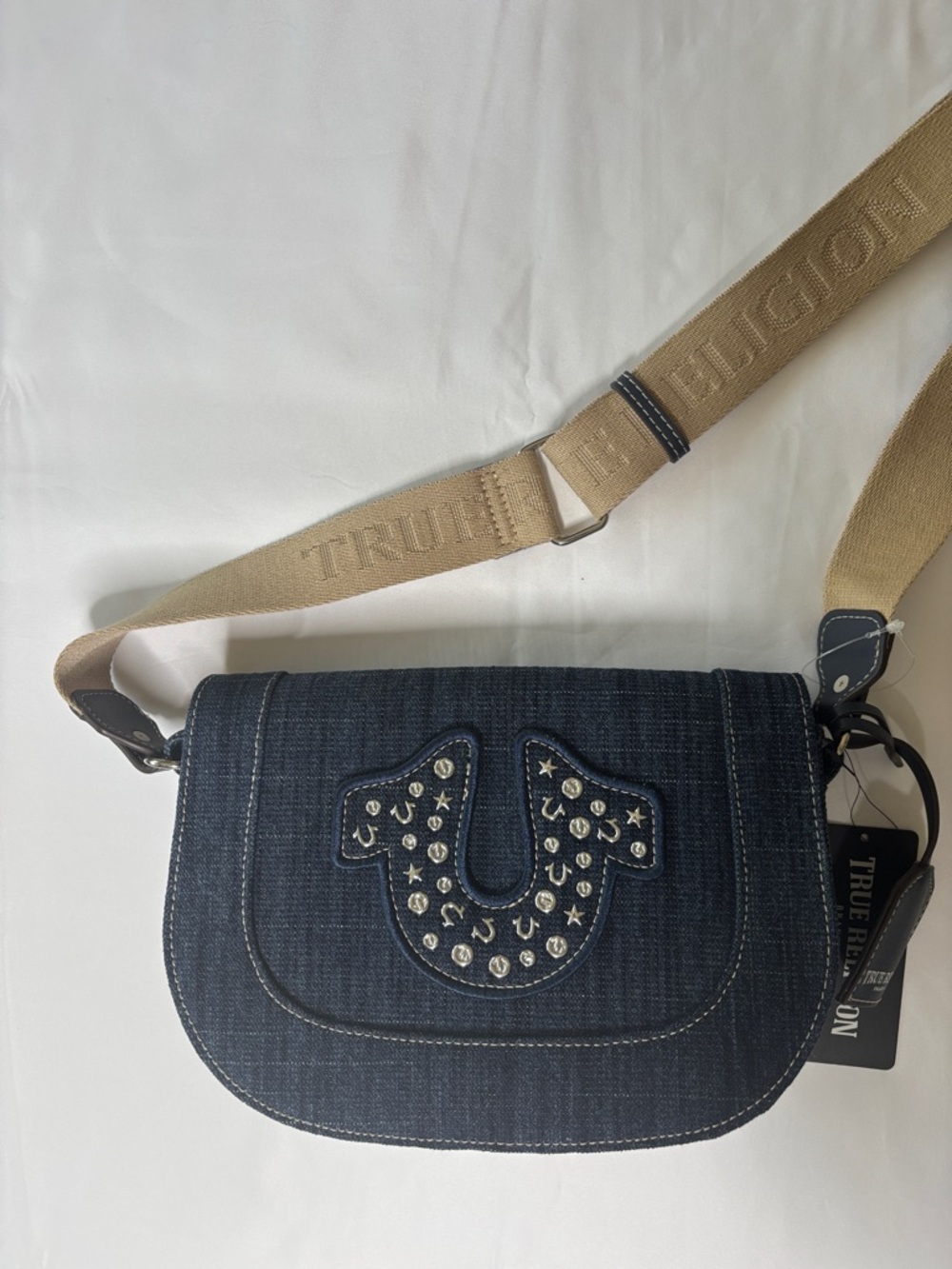 True Religion Dark Blue Denim Crossbody with Beige Woven Strap | NWT
